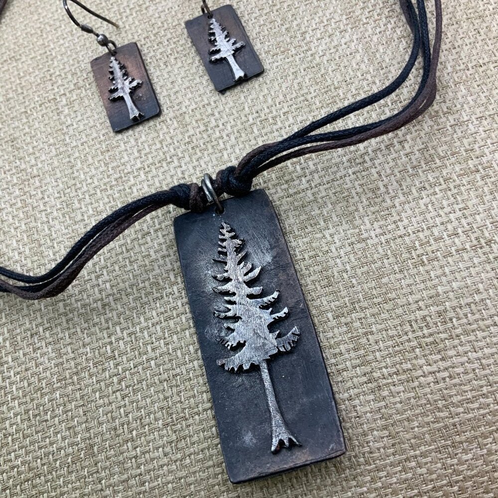 Pine Tree Hand Crafted Rustic Boho Mixed Metals Leather Cord Necklace Earrings
